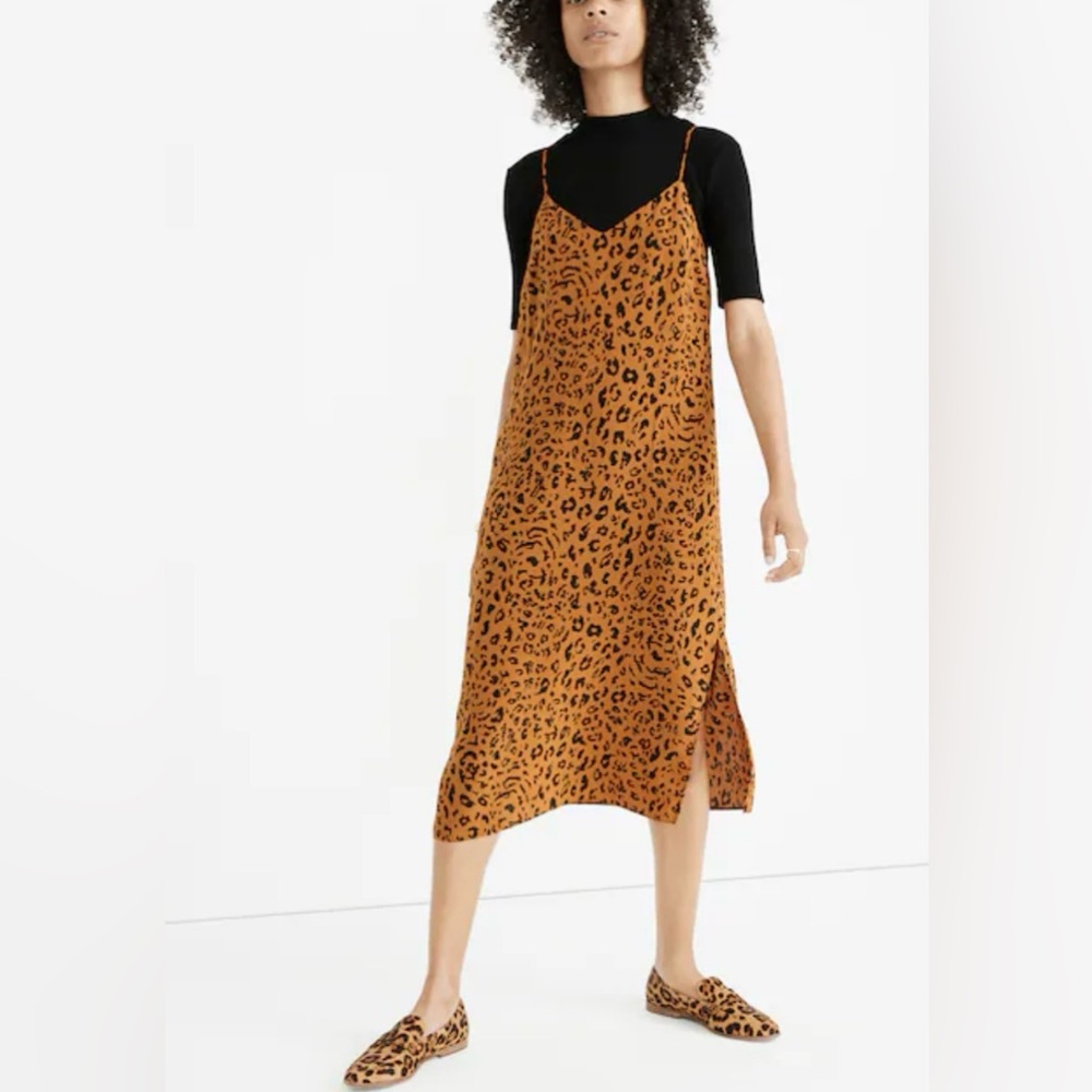 NWOT Women’s MADEWELL Silk Eva Side-Slit Slip Dress Leopard Party Silk 8 Petite